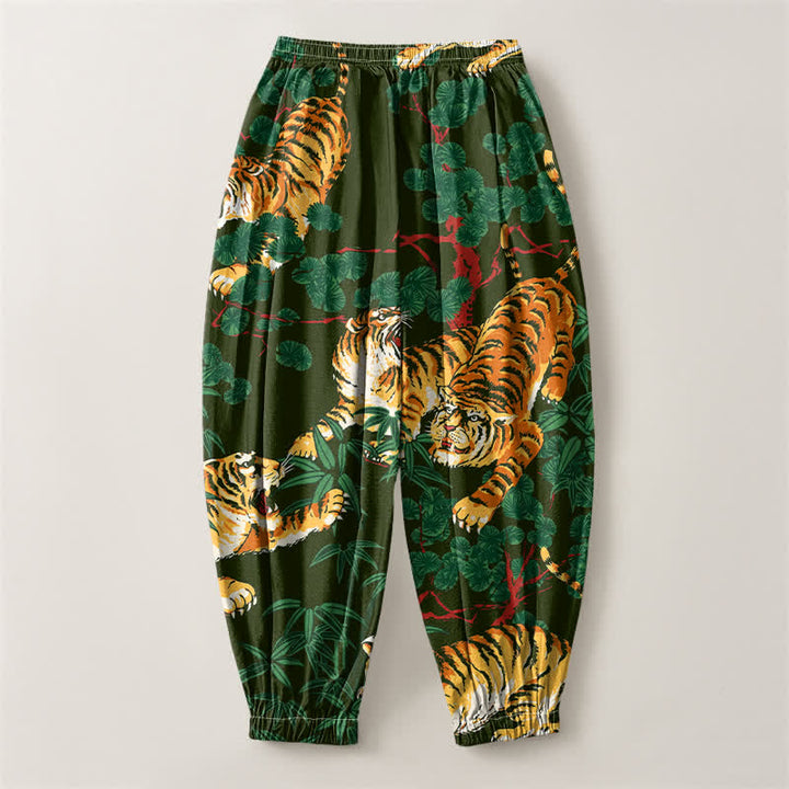 Buddha Stones Pure Cotton Tiger Tropical Leaf Pattern Drawstring Men's Harem Pants With Pockets - image 8