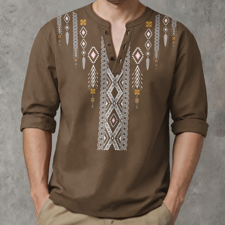 Buddha Stones Cotton Tribal Rhombus Geometric Pattern V-Neck Buttons Men's Long Sleeve Shirts - image 15