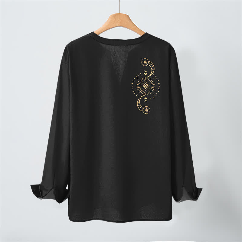 Buddha Stones Cotton Celestial Sun Moon Pattern V-Neck Buttons Men's Long Sleeve Shirts - image 3