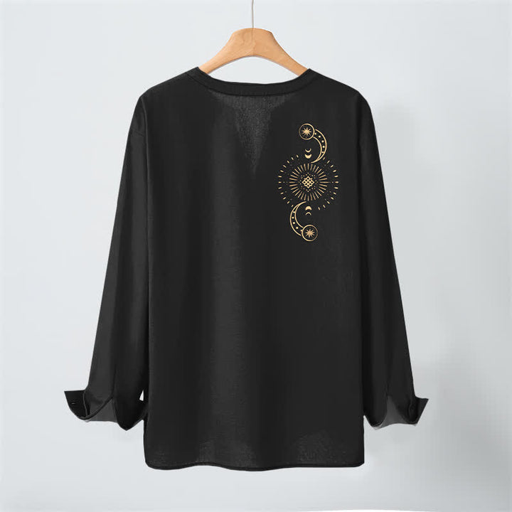 Buddha Stones Cotton Celestial Sun Moon Pattern V-Neck Buttons Men's Long Sleeve Shirts - image 3