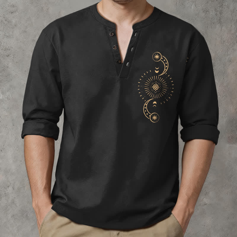 Buddha Stones Cotton Celestial Sun Moon Pattern V-Neck Buttons Men's Long Sleeve Shirts - Black - US/UK/AU48，EU58 (4XL) - image 0