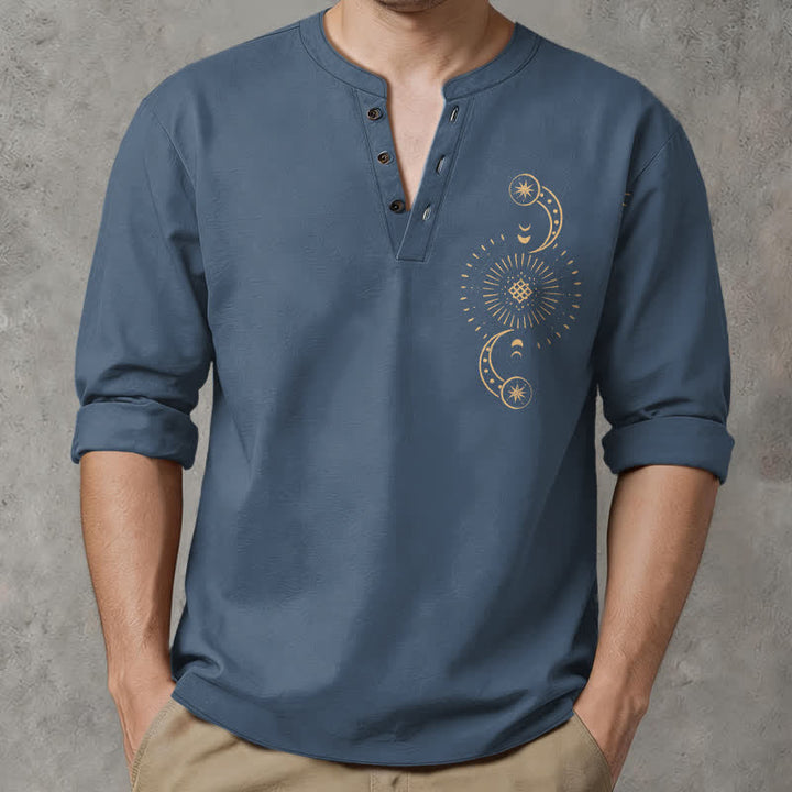 Buddha Stones Cotton Celestial Sun Moon Pattern V-Neck Buttons Men's Long Sleeve Shirts - SteelBlue - US/UK/AU48，EU58 (4XL) - image 7