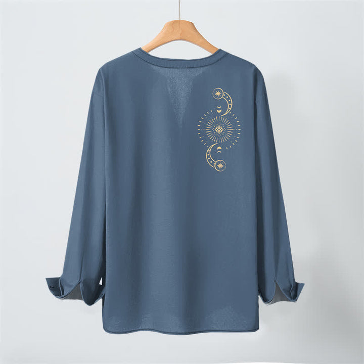 Buddha Stones Cotton Celestial Sun Moon Pattern V-Neck Buttons Men's Long Sleeve Shirts - image 10