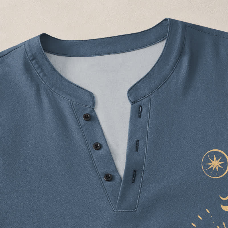 Buddha Stones Cotton Celestial Sun Moon Pattern V-Neck Buttons Men's Long Sleeve Shirts - image 11