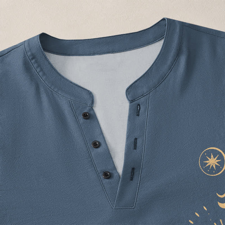 Buddha Stones Cotton Celestial Sun Moon Pattern V-Neck Buttons Men's Long Sleeve Shirts - image 11