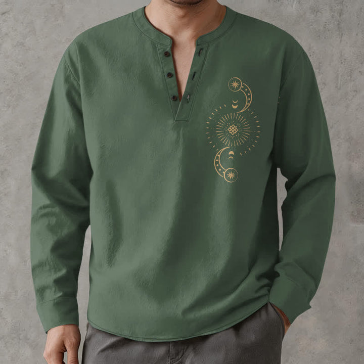 Buddha Stones Cotton Celestial Sun Moon Pattern V-Neck Buttons Men's Long Sleeve Shirts - image 15