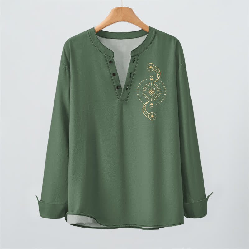Buddha Stones Cotton Celestial Sun Moon Pattern V-Neck Buttons Men's Long Sleeve Shirts - image 16