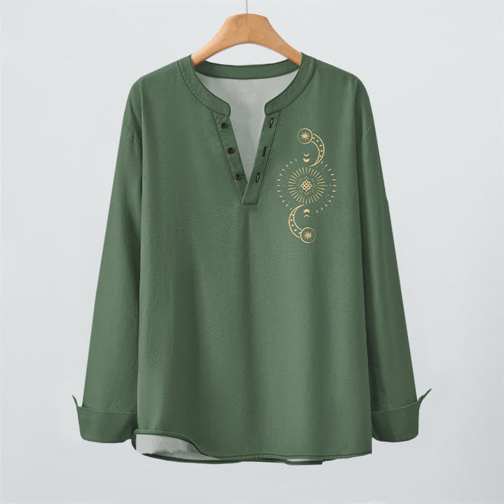 Buddha Stones Cotton Celestial Sun Moon Pattern V-Neck Buttons Men's Long Sleeve Shirts - image 16
