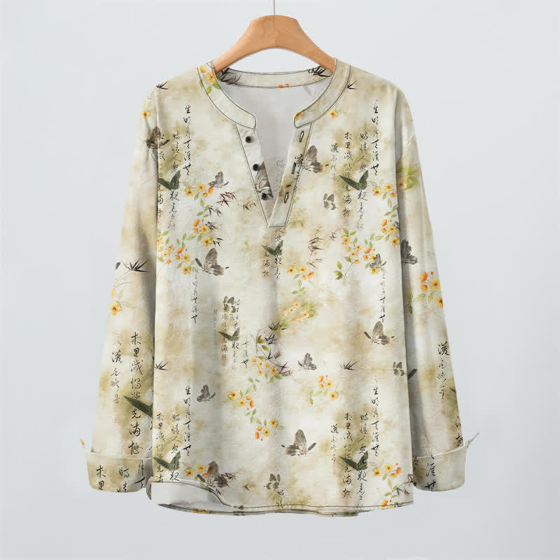 Buddha Stones Cotton Butterfly Floral Calligraphy Pattern V-Neck Buttons Men's Long Sleeve Shirts - image 2