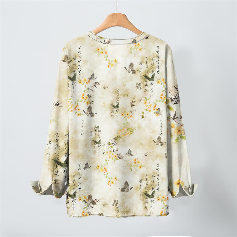 Buddha Stones Cotton Butterfly Floral Calligraphy Pattern V-Neck Buttons Men's Long Sleeve Shirts - image 3