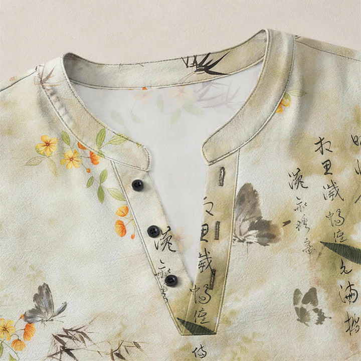 Buddha Stones Cotton Butterfly Floral Calligraphy Pattern V-Neck Buttons Men's Long Sleeve Shirts - image 4