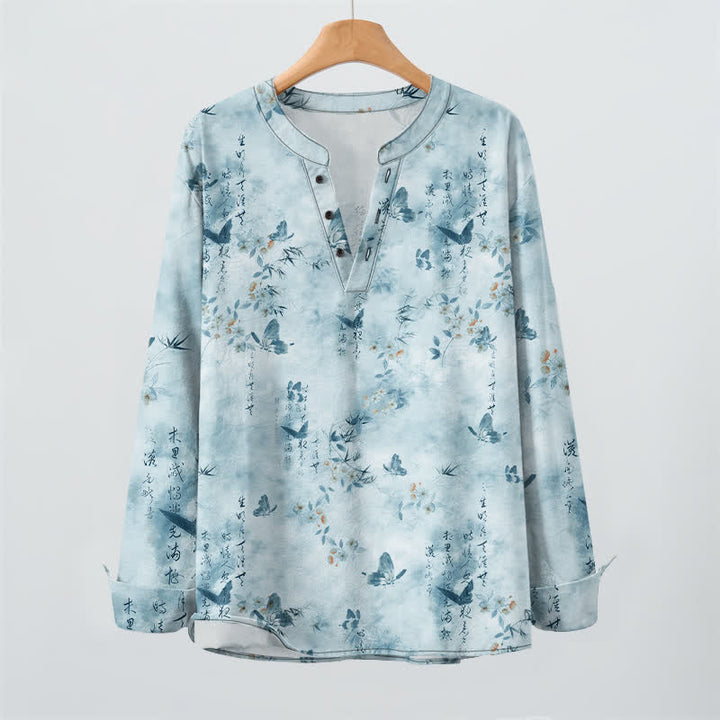 Buddha Stones Cotton Butterfly Floral Calligraphy Pattern V-Neck Buttons Men's Long Sleeve Shirts - image 9