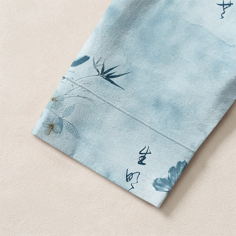 Buddha Stones Cotton Butterfly Floral Calligraphy Pattern V-Neck Buttons Men's Long Sleeve Shirts - image 13