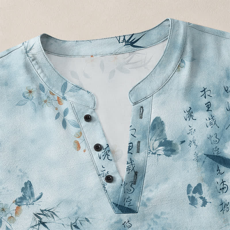 Buddha Stones Cotton Butterfly Floral Calligraphy Pattern V-Neck Buttons Men's Long Sleeve Shirts - image 11