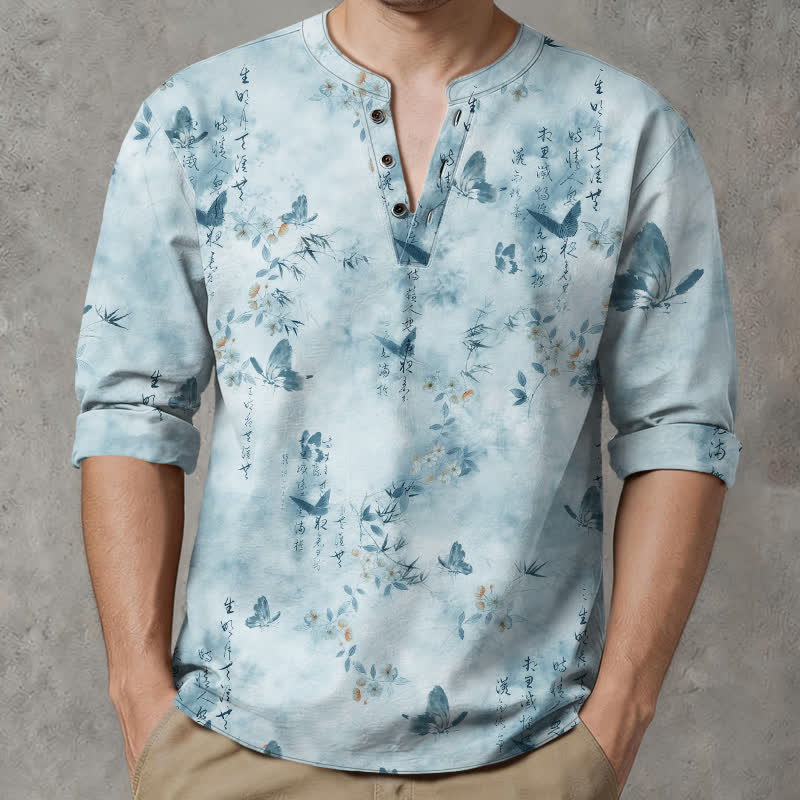 Buddha Stones Cotton Butterfly Floral Calligraphy Pattern V-Neck Buttons Men's Long Sleeve Shirts - image 8
