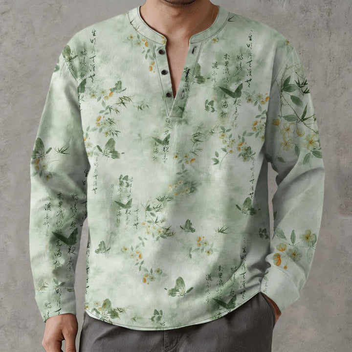Buddha Stones Cotton Butterfly Floral Calligraphy Pattern V-Neck Buttons Men's Long Sleeve Shirts - Honeydew - US/UK/AU48，EU58 (4XL) - image 14