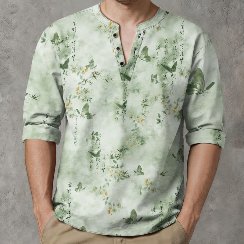 Buddha Stones Cotton Butterfly Floral Calligraphy Pattern V-Neck Buttons Men's Long Sleeve Shirts - image 15