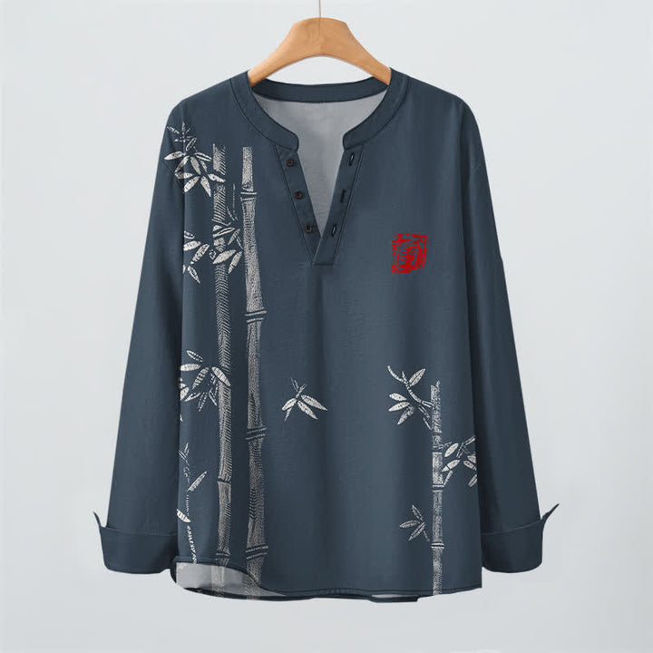Buddha Stones Cotton White Bamboo Pattern V-Neck Buttons Men's Long Sleeve Shirts - image 2