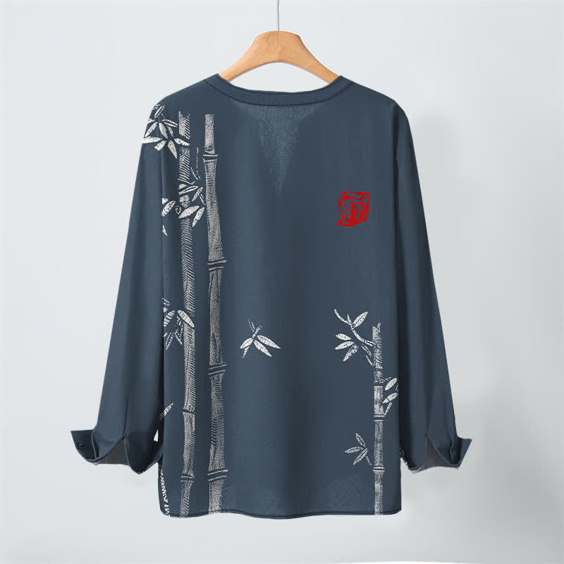 Buddha Stones Cotton White Bamboo Pattern V-Neck Buttons Men's Long Sleeve Shirts - image 3