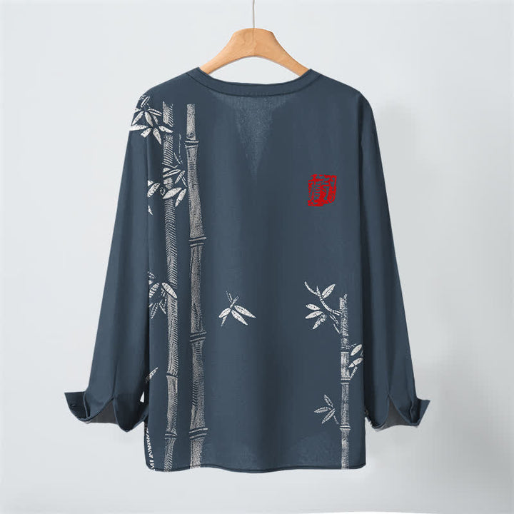 Buddha Stones Cotton White Bamboo Pattern V-Neck Buttons Men's Long Sleeve Shirts - image 3