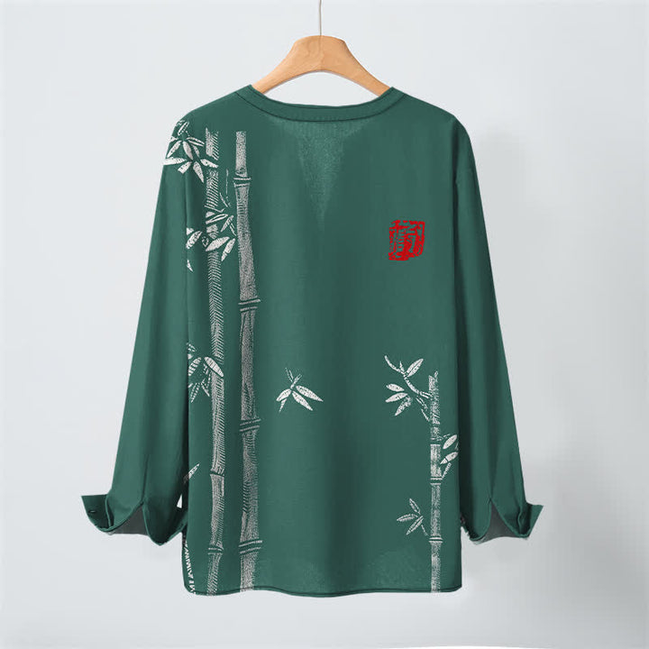 Buddha Stones Cotton White Bamboo Pattern V-Neck Buttons Men's Long Sleeve Shirts - image 10