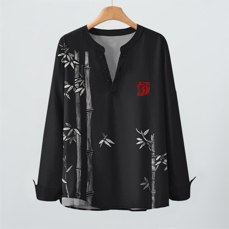 Buddha Stones Cotton White Bamboo Pattern V-Neck Buttons Men's Long Sleeve Shirts - image 16