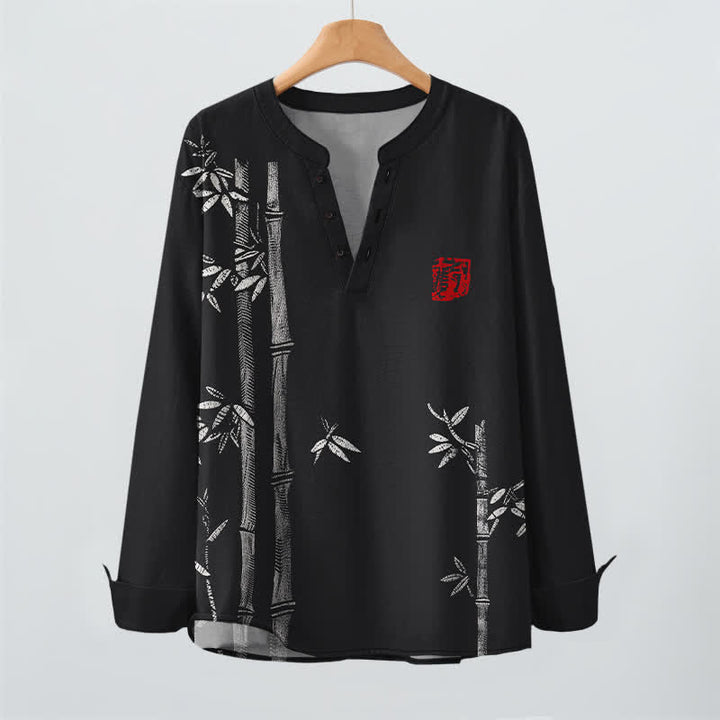 Buddha Stones Cotton White Bamboo Pattern V-Neck Buttons Men's Long Sleeve Shirts - image 16