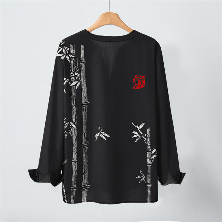 Buddha Stones Cotton White Bamboo Pattern V-Neck Buttons Men's Long Sleeve Shirts - image 17