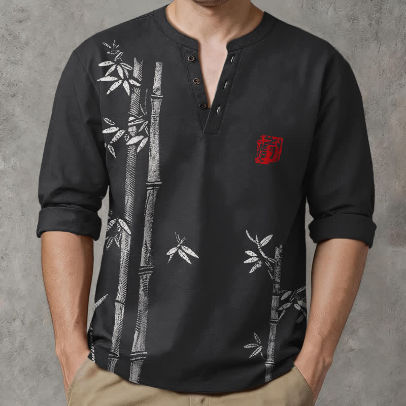 Buddha Stones Cotton White Bamboo Pattern V-Neck Buttons Men's Long Sleeve Shirts - Black - US/UK/AU48，EU58 (4XL) - image 14