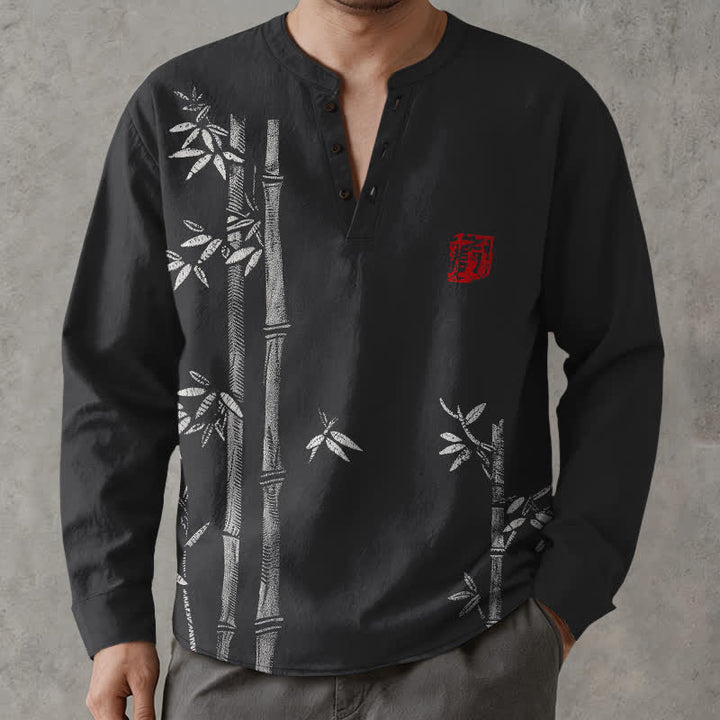 Buddha Stones Cotton White Bamboo Pattern V-Neck Buttons Men's Long Sleeve Shirts - image 15