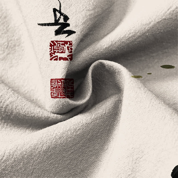 Buddha Stones Cotton Koi Fish Lotus Leaf Grass Ink Pattern V-Neck Buttons Men's Long Sleeve Shirts - image 6