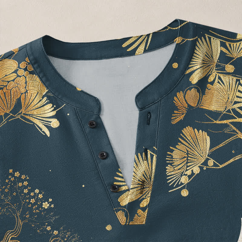 Buddha Stones Cotton Crane Floral Branch Pattern V-Neck Buttons Men's Long Sleeve Shirts - image 4