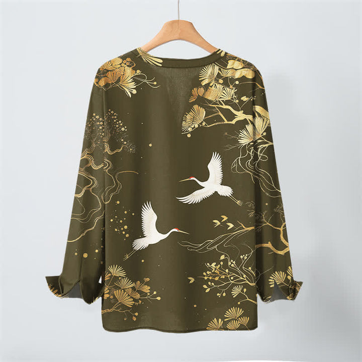 Buddha Stones Cotton Crane Floral Branch Pattern V-Neck Buttons Men's Long Sleeve Shirts - image 9