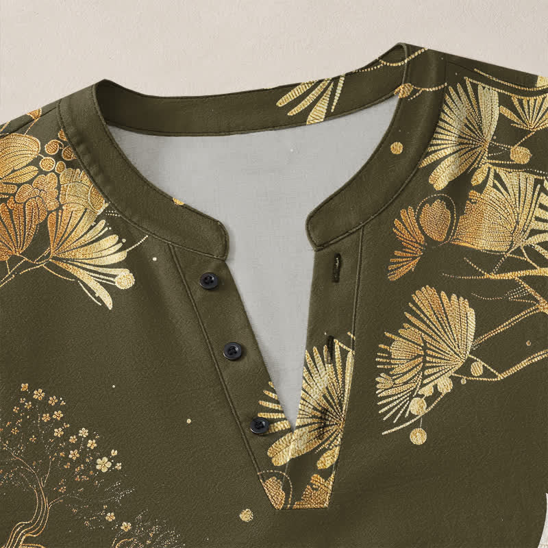 Buddha Stones Cotton Crane Floral Branch Pattern V-Neck Buttons Men's Long Sleeve Shirts - image 11