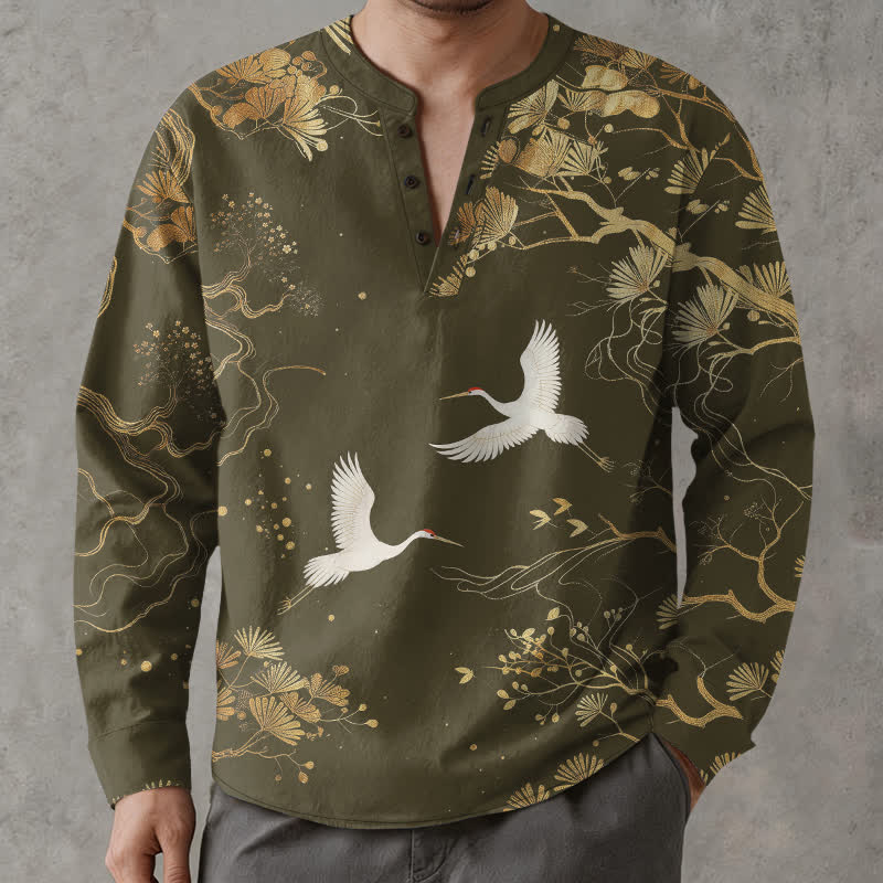 Buddha Stones Cotton Crane Floral Branch Pattern V-Neck Buttons Men's Long Sleeve Shirts - image 10