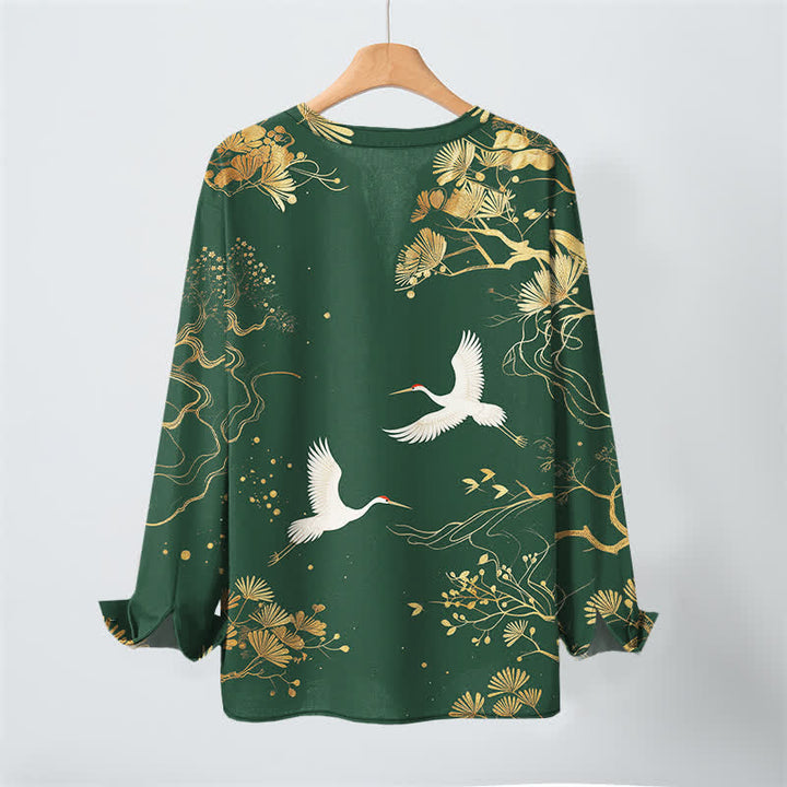 Buddha Stones Cotton Crane Floral Branch Pattern V-Neck Buttons Men's Long Sleeve Shirts - image 17