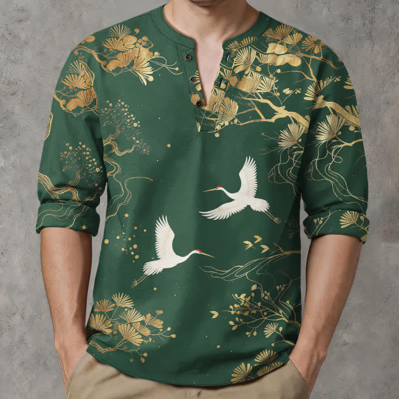 Buddha Stones Cotton Crane Floral Branch Pattern V-Neck Buttons Men's Long Sleeve Shirts - ForestGreen - US/UK/AU48，EU58 (4XL) - image 14