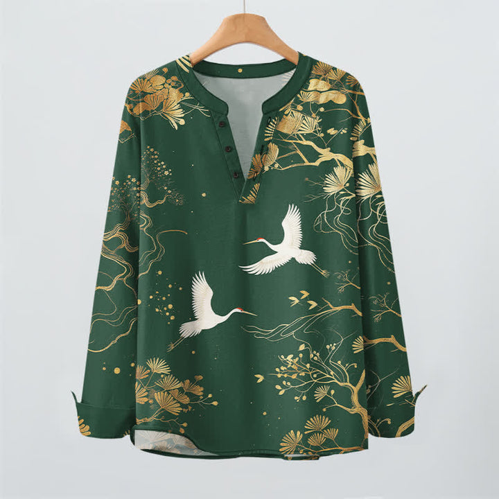 Buddha Stones Cotton Crane Floral Branch Pattern V-Neck Buttons Men's Long Sleeve Shirts - image 16