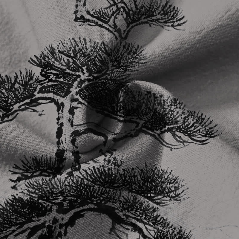 Buddha Stones Cotton Ink Landscape Pine Tree Mountains Pattern V-Neck Buttons Men's Long Sleeve Shirts - image 20
