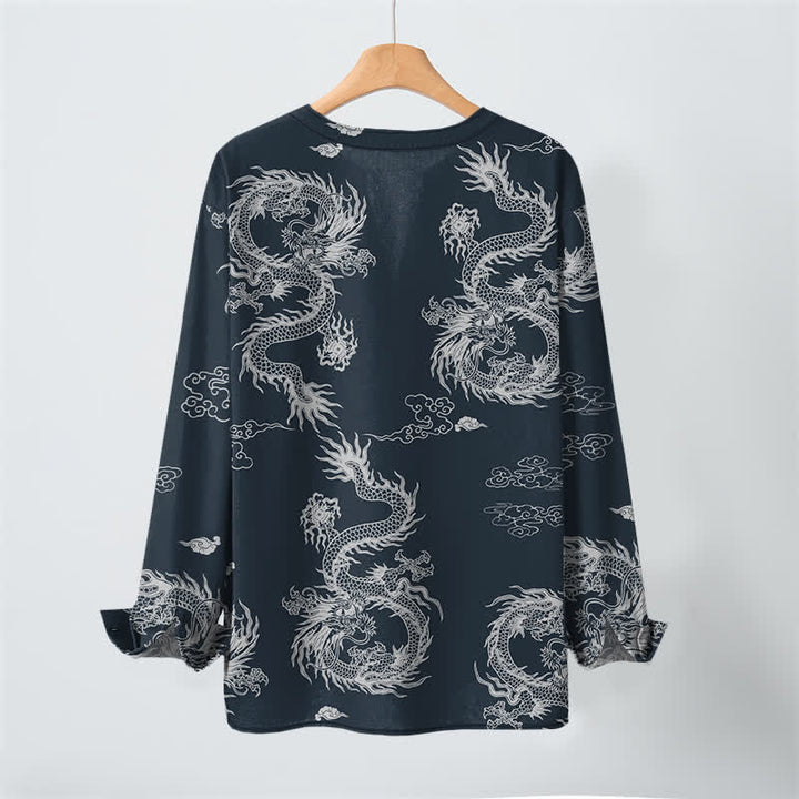 Buddha Stones Cotton Oriental White Dragon Cloud Pattern V-Neck Buttons Men's Long Sleeve Shirts - image 3