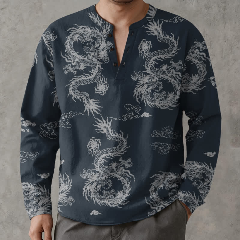 Buddha Stones Cotton Oriental White Dragon Cloud Pattern V-Neck Buttons Men's Long Sleeve Shirts - image 1