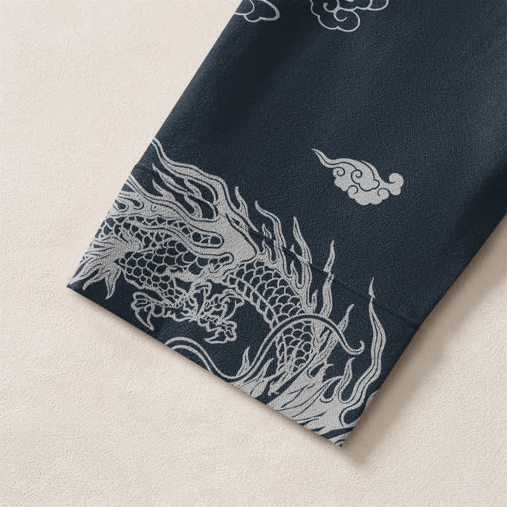 Buddha Stones Cotton Oriental White Dragon Cloud Pattern V-Neck Buttons Men's Long Sleeve Shirts - image 5