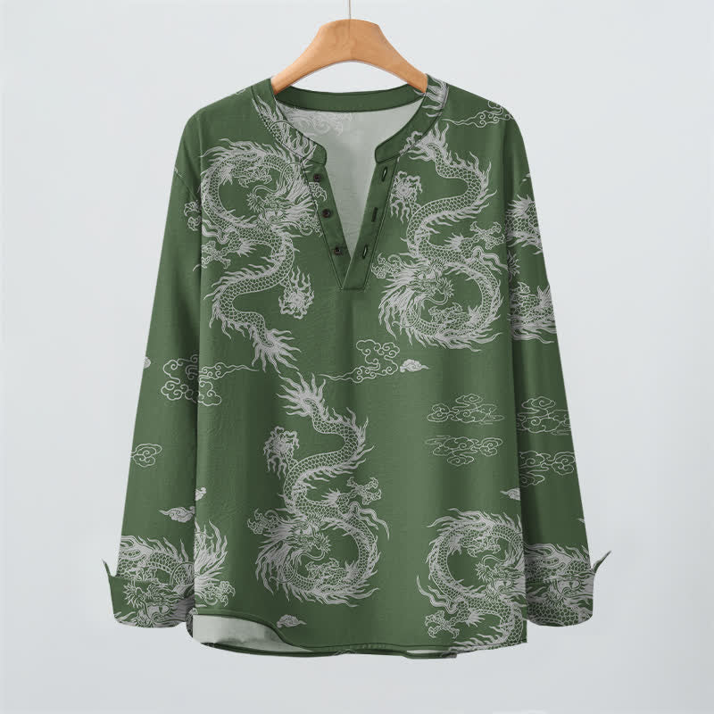 Buddha Stones Cotton Oriental White Dragon Cloud Pattern V-Neck Buttons Men's Long Sleeve Shirts - image 9