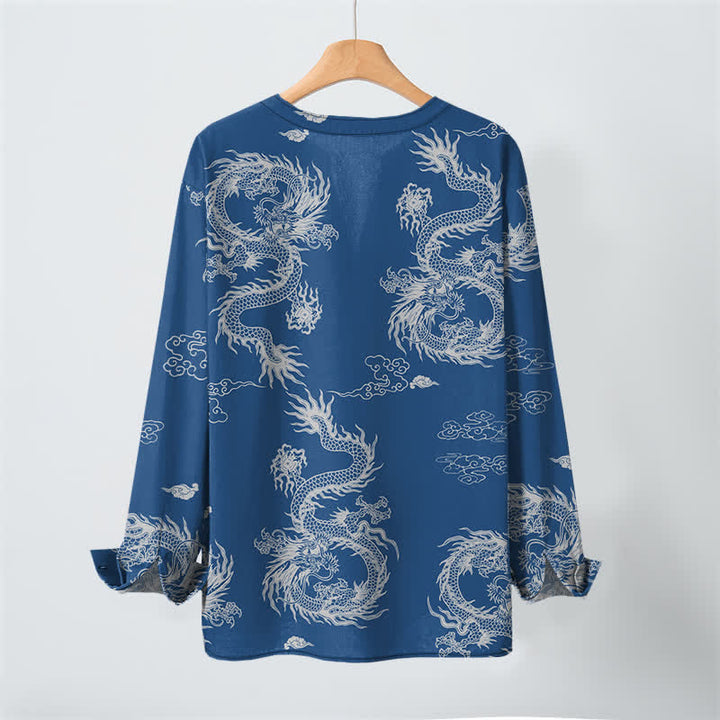 Buddha Stones Cotton Oriental White Dragon Cloud Pattern V-Neck Buttons Men's Long Sleeve Shirts - image 17