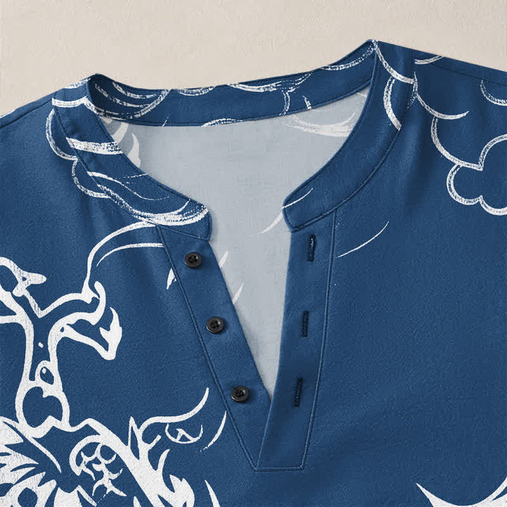 Buddha Stones Cotton Chinese Dragon Clouds Pattern V-Neck Buttons Men's Long Sleeve Shirts - image 4