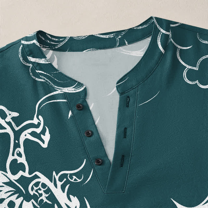Buddha Stones Cotton Chinese Dragon Clouds Pattern V-Neck Buttons Men's Long Sleeve Shirts - image 18