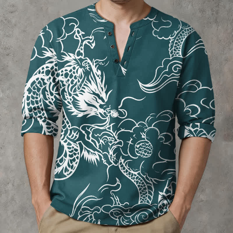 Buddha Stones Cotton Chinese Dragon Clouds Pattern V-Neck Buttons Men's Long Sleeve Shirts - image 15
