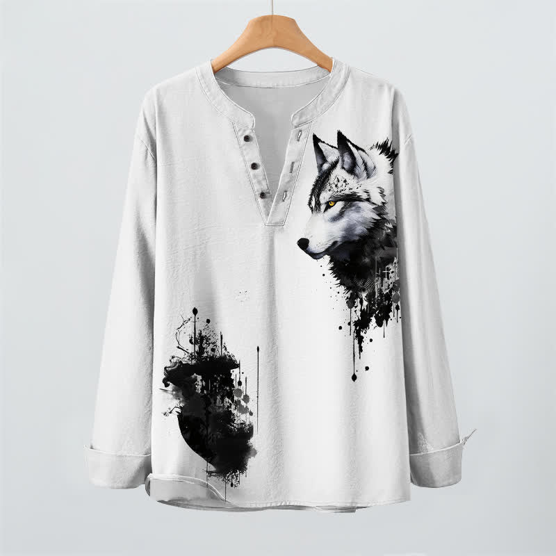 Buddha Stones Cotton Ink Wolf Head Pattern V-Neck Buttons Men's Long Sleeve Shirts - image 2