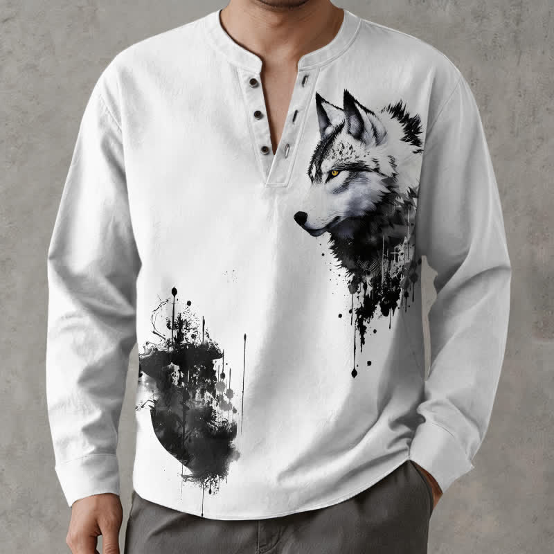 Buddha Stones Cotton Ink Wolf Head Pattern V-Neck Buttons Men's Long Sleeve Shirts - image 1