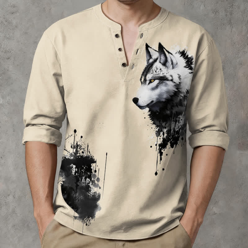 Buddha Stones Cotton Ink Wolf Head Pattern V-Neck Buttons Men's Long Sleeve Shirts - Beige - US/UK/AU48，EU58 (4XL) - image 14